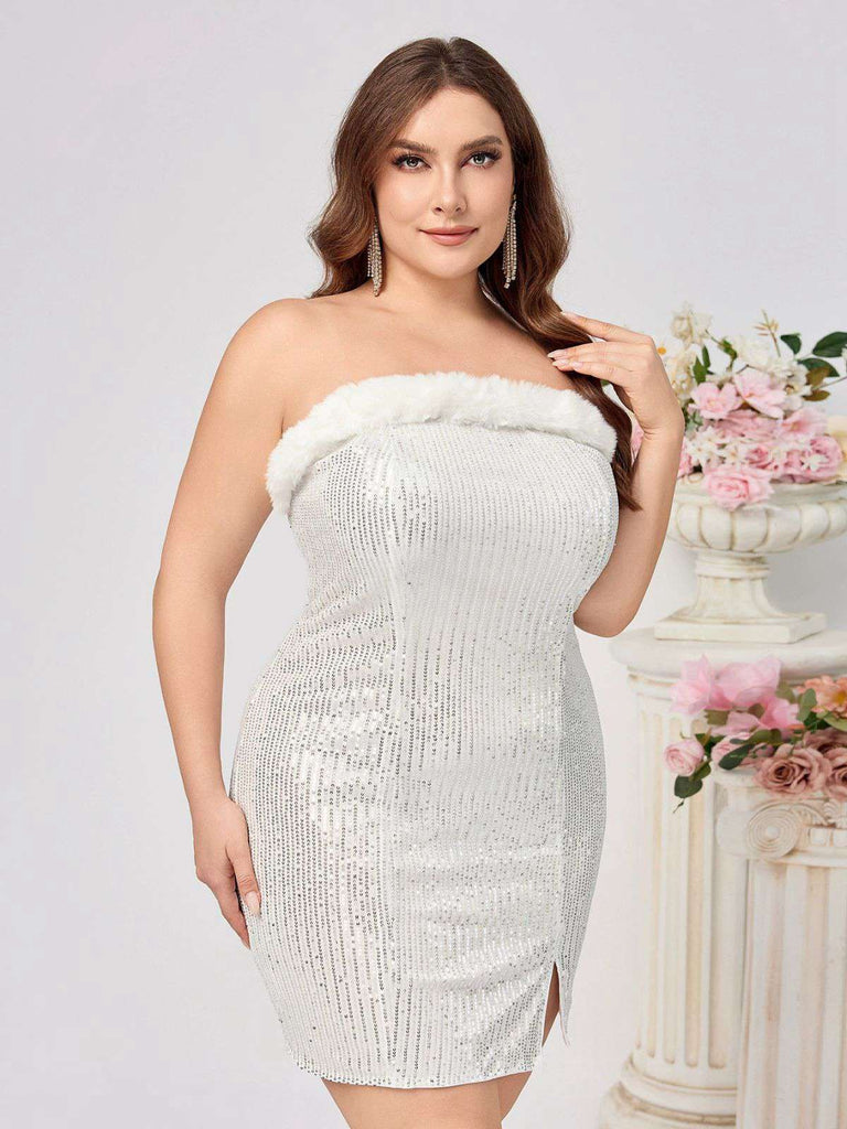 [Plus Size] White 1960s Plush Collar Sequined Bodycon Dress