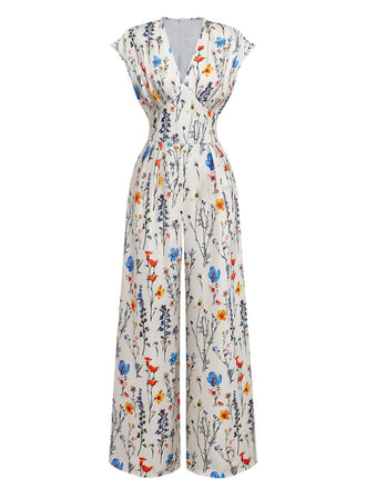 Beige 1950s Floral V-Neck Cap Sleeve Jumpsuit