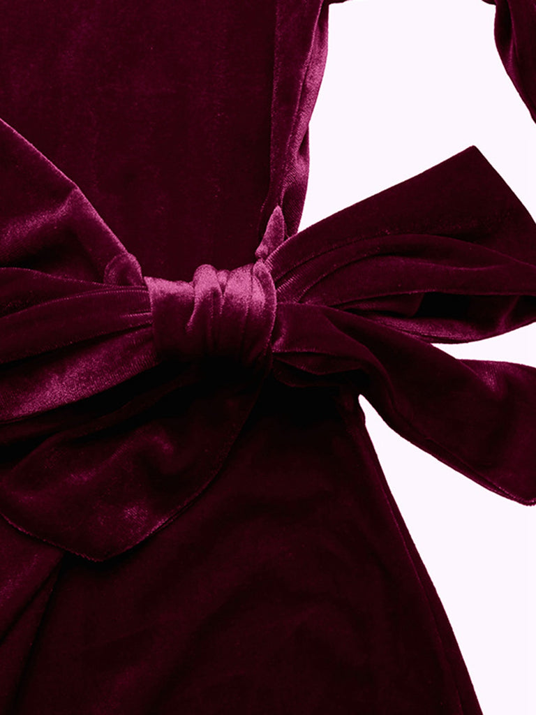 Wine Red 1960s Velvet Waist-Tie Bodycon Dress