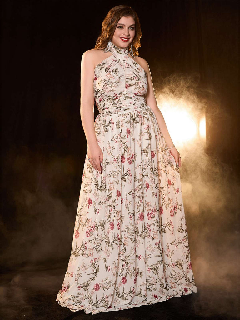 [Plus Size] Multicolor 1930s Rose Cross Halter Maxi Dress