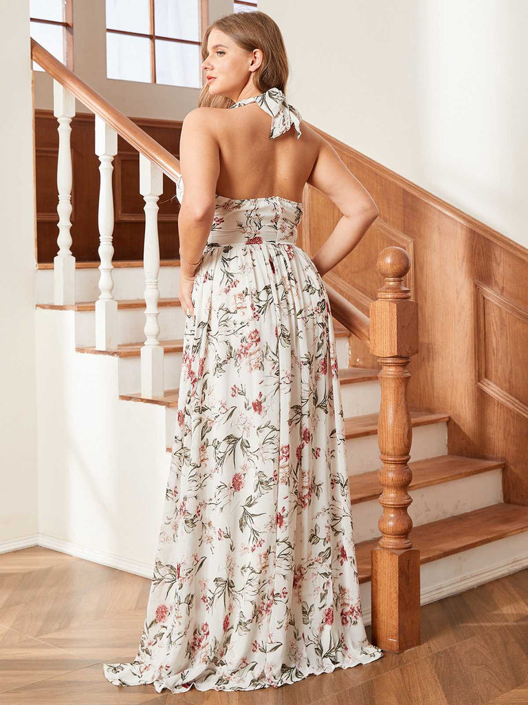 [Plus Size] Multicolor 1930s Rose Cross Halter Maxi Dress
