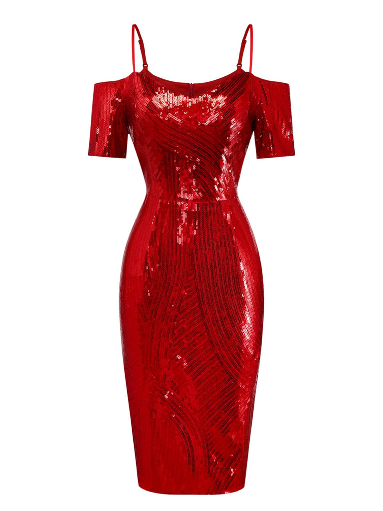 [Pre-Sale] Red 1960s Cold-Shoulder Sequined Pencil Dress