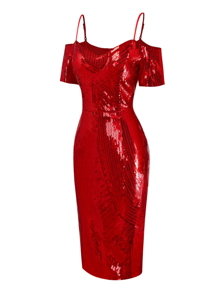 [Pre-Sale] Red 1960s Cold-Shoulder Sequined Pencil Dress