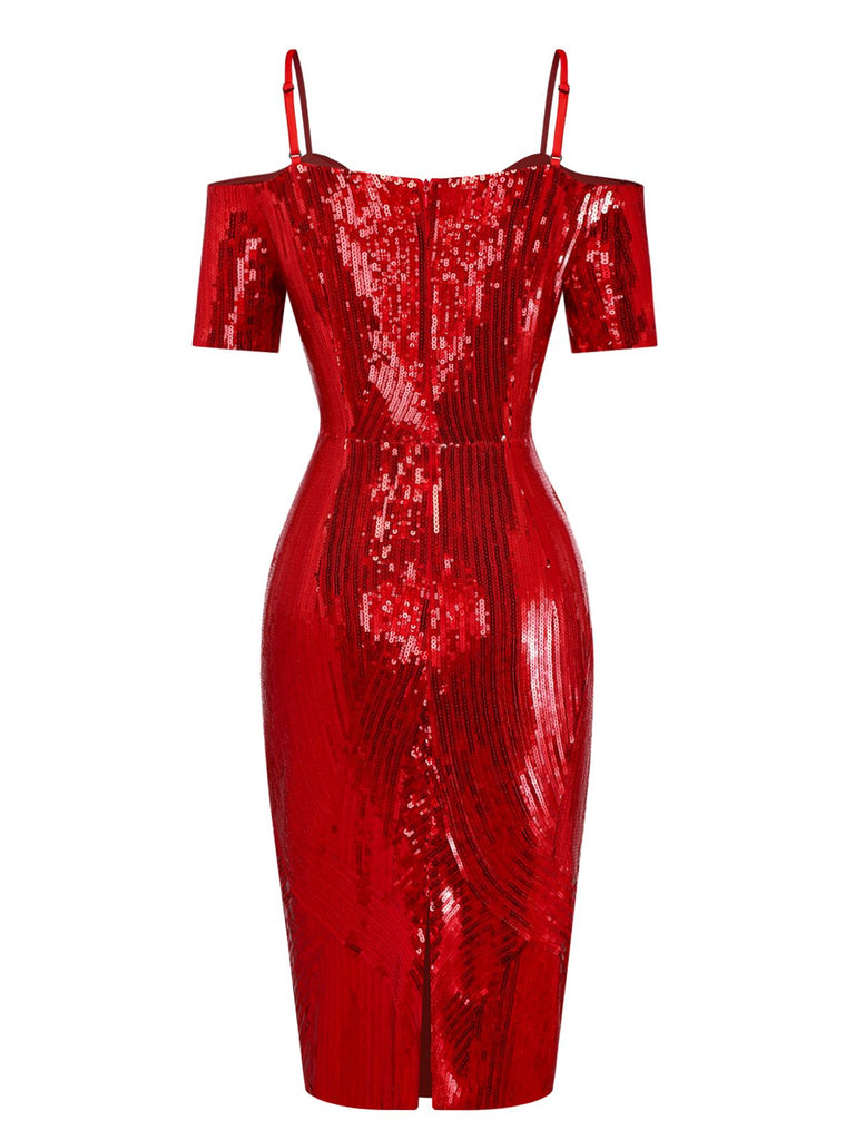 [Pre-Sale] Red 1960s Cold-Shoulder Sequined Pencil Dress