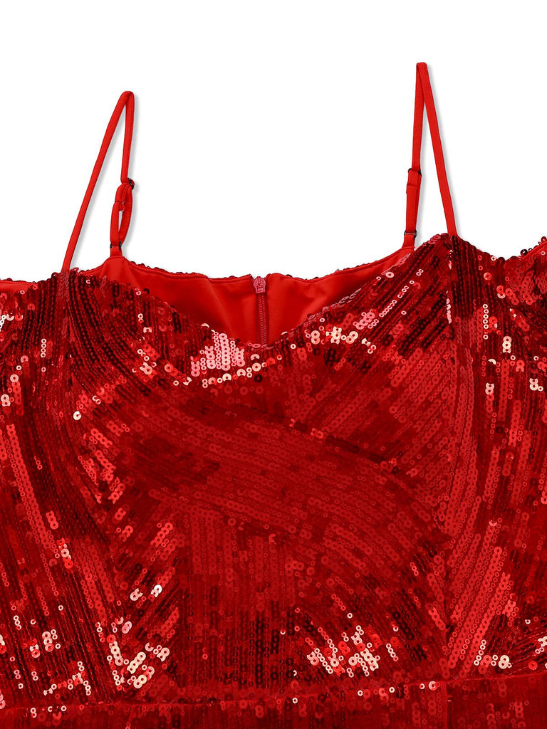 [Pre-Sale] Red 1960s Cold-Shoulder Sequined Pencil Dress