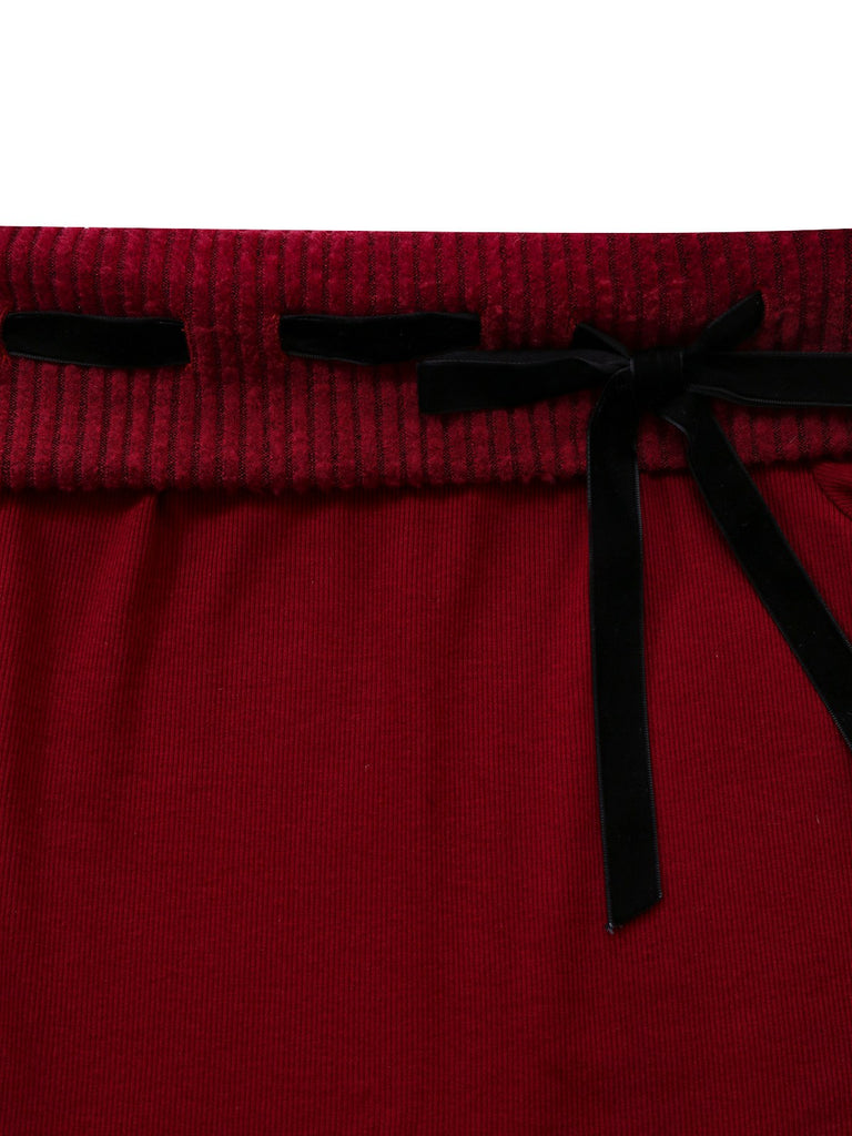 [Pre-Sale] Red 1960s Off-Shoulder Bow Knit Lantern Sleeve Dress