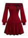 [Pre-Sale] Red 1960s Off-Shoulder Bow Knit Lantern Sleeve Dress