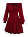 [Pre-Sale] Red 1960s Off-Shoulder Bow Knit Lantern Sleeve Dress
