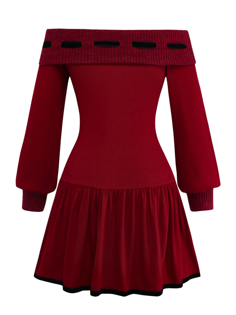 [Pre-Sale] Red 1960s Off-Shoulder Bow Knit Lantern Sleeve Dress