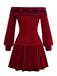 [Pre-Sale] Red 1960s Off-Shoulder Bow Knit Lantern Sleeve Dress