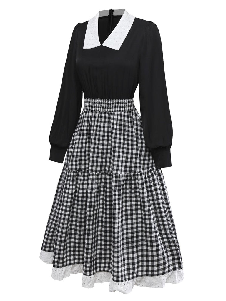 [Pre-Sale] Black 1950s Plaid Patchwork Embroidered Lace Dress