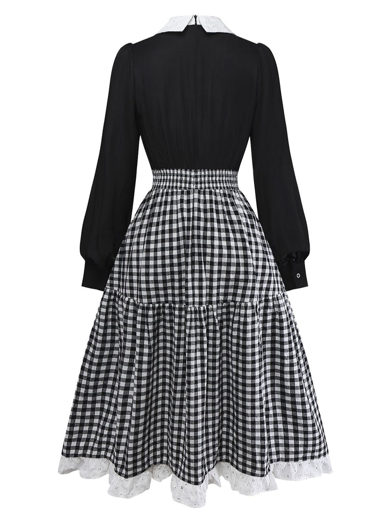 [Pre-Sale] Black 1950s Plaid Patchwork Embroidered Lace Dress