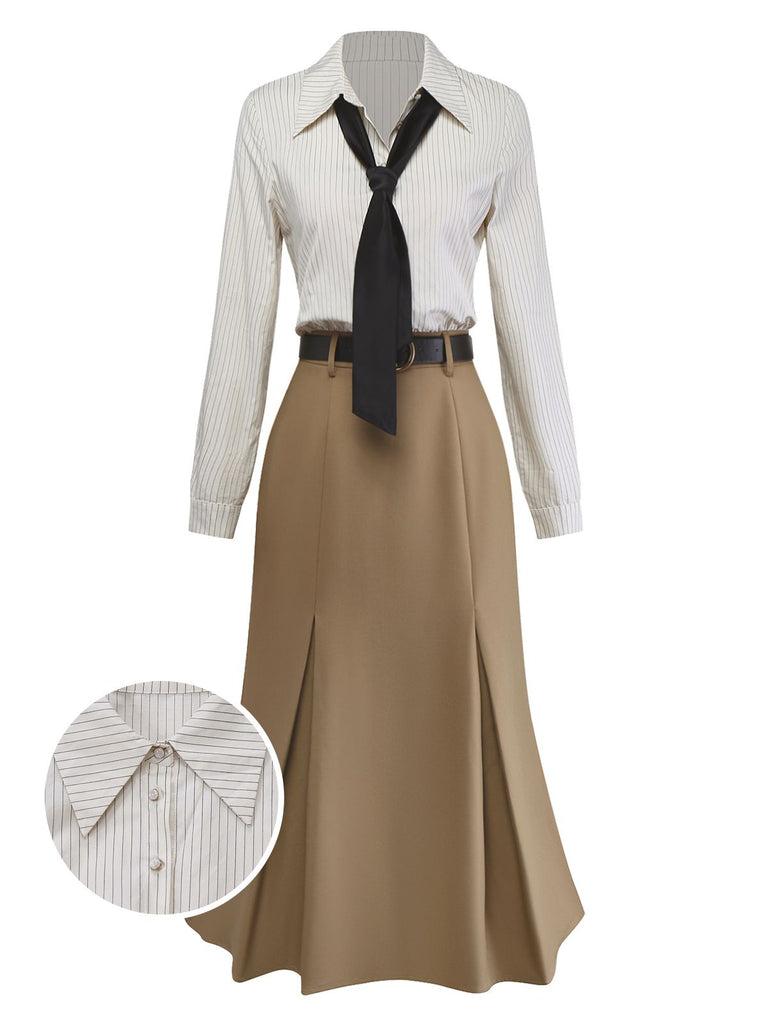 [Pre-Sale] Khaki 1930s Striped Lapel Blouse Detachable Tie Dress
