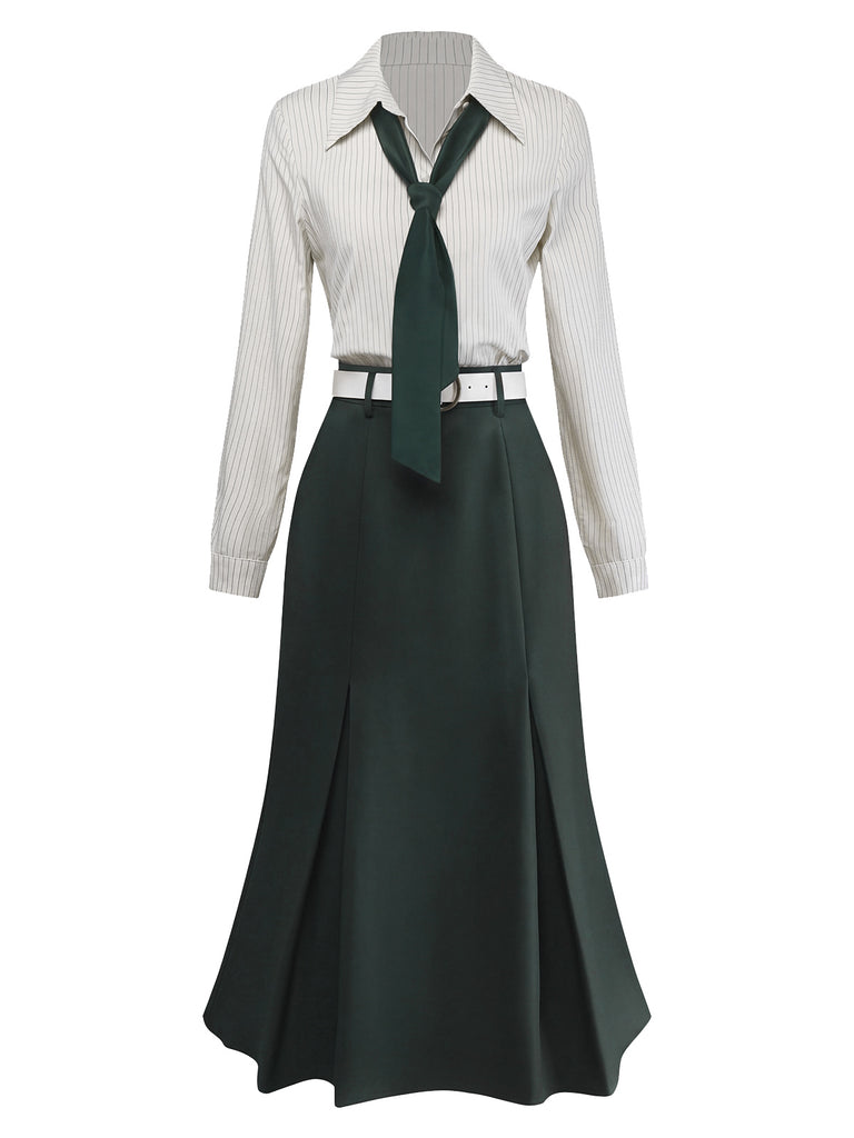 [Pre-Sale] Dark Green 1930s Striped Lapel Blouse Detachable Tie Dress