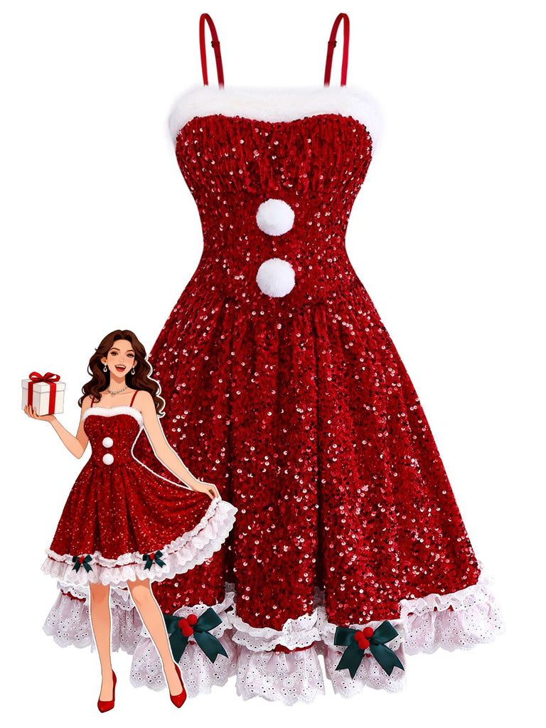 [Pre-Sale] Red 1950s Bow Sequined Raw Hem Dress