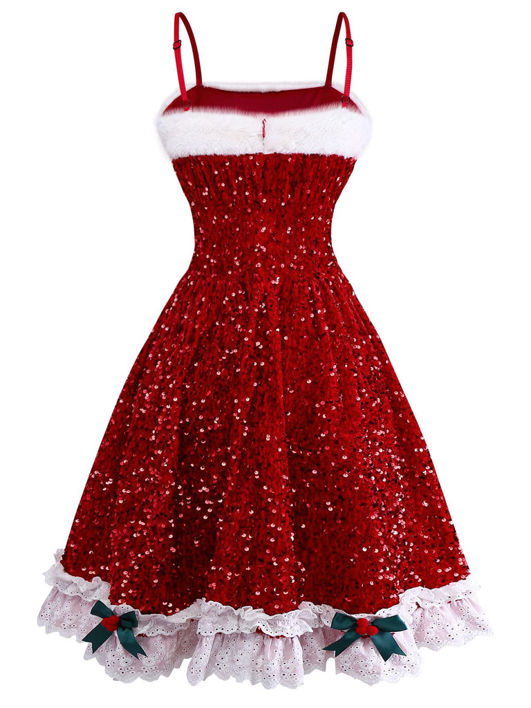 [Pre-Sale] Red 1950s Bow Sequined Raw Hem Dress