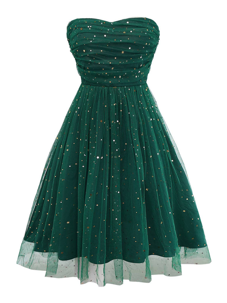 [Pre-Sale] Green 1950s Glitter Shoulder Tie Ruched Dress