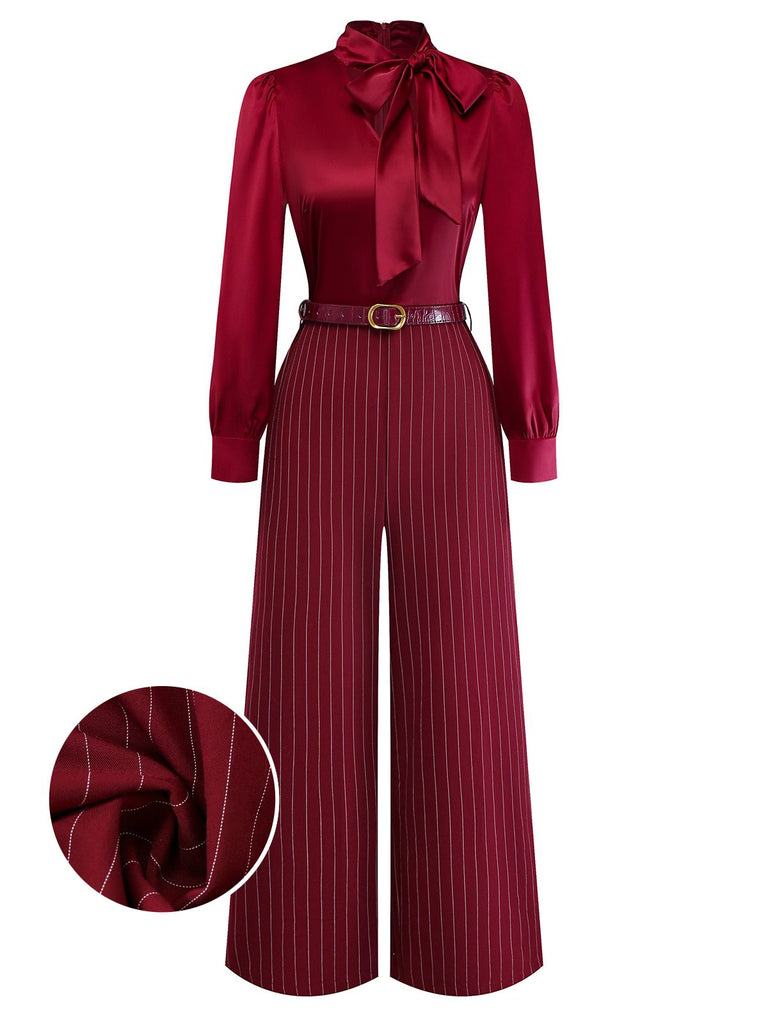[Pre-Sale] Burgundy 1940s Satin Bow Tie Striped Wide-Leg Jumpsuit