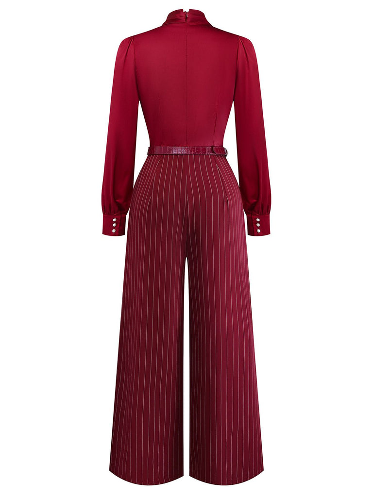 [Pre-Sale] Burgundy 1940s Satin Bow Tie Striped Wide-Leg Jumpsuit