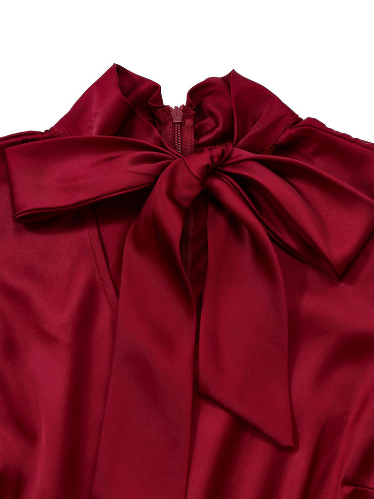 [Pre-Sale] Burgundy 1940s Satin Bow Tie Striped Wide-Leg Jumpsuit