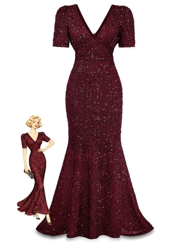 Wine Red 1930s Sequin Bow Maxi Mermaid Dress