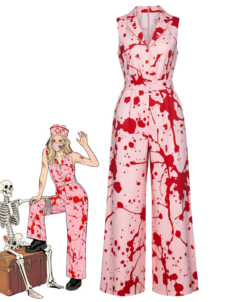 [Pre-Sale] Pink 1930s Lapel Halloween Blood Belted Jumpsuit