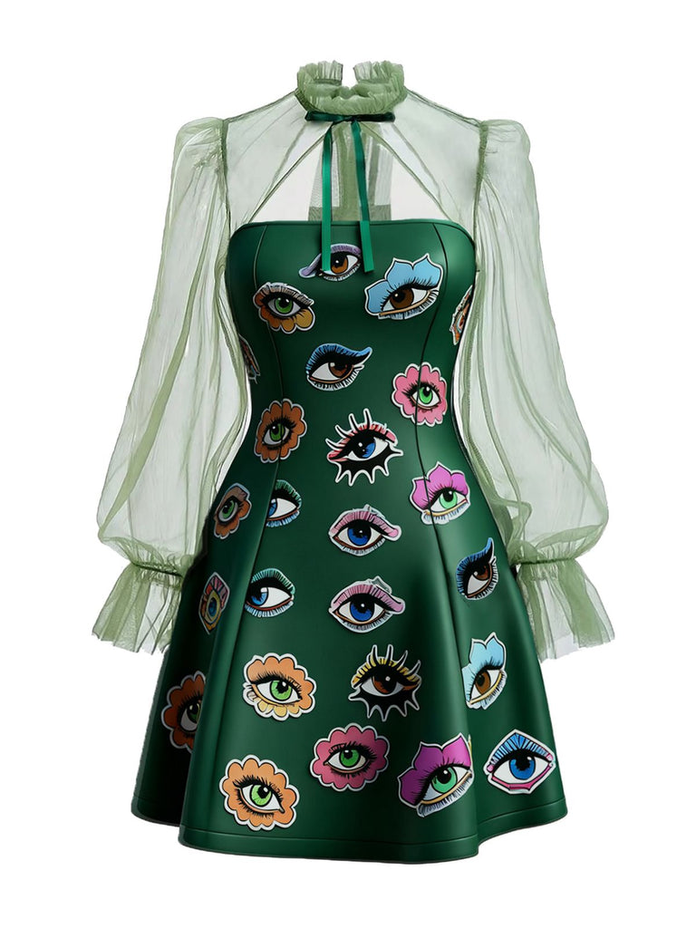 [Pre-Sale] Green 1960s Halloween Gothic Eye Print Mesh Sleeve Dress