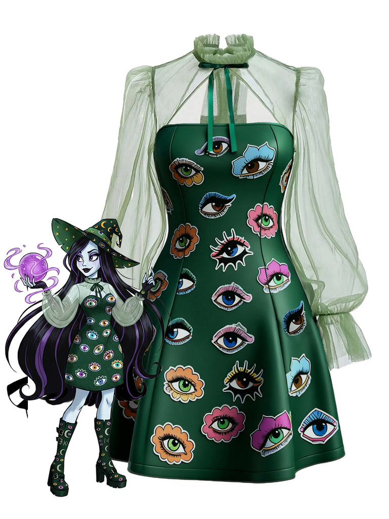 [Pre-Sale] Green 1960s Halloween Gothic Eye Print Mesh Sleeve Dress