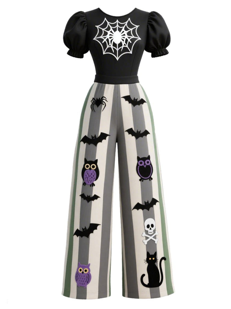 [Pre-Sale] Black 1950s Halloween Spiderweb Striped Puff-Sleeves Jumpsuit