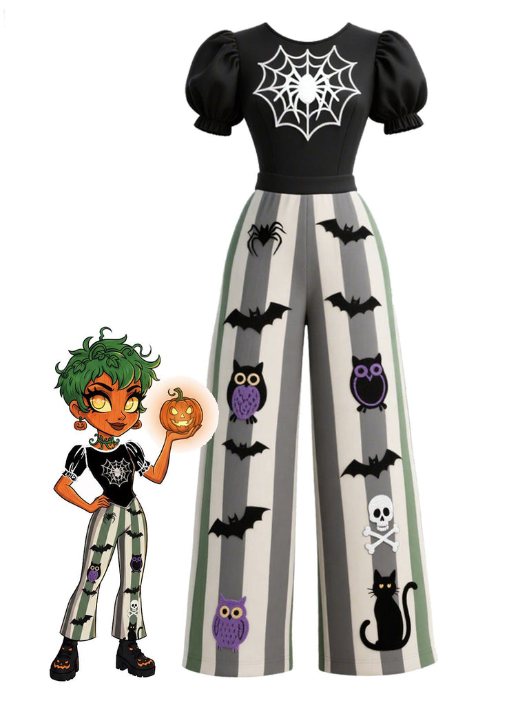 [Pre-Sale] Black 1950s Halloween Spiderweb Striped Puff-Sleeves Jumpsuit