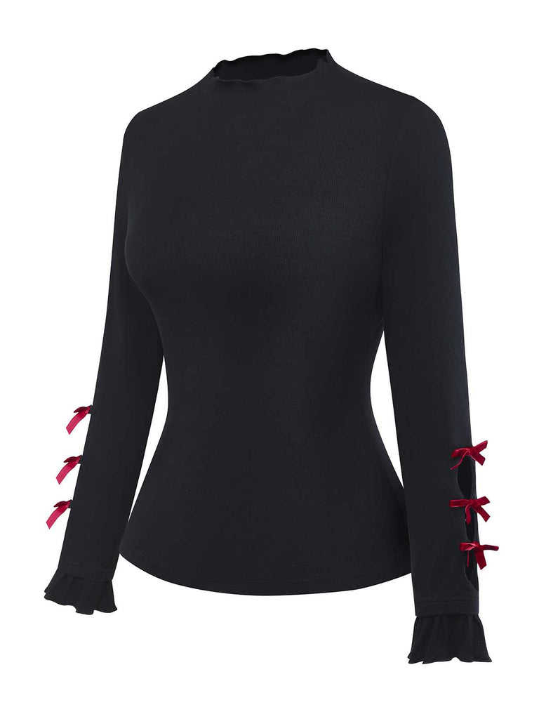 [Pre-Sale] 2PCS 1950s Velvet Bow Turtleneck Knitted Top & Plaid Dress