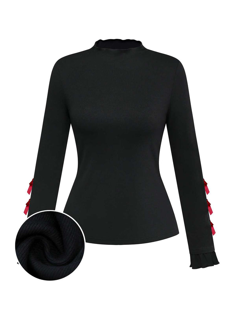 [Pre-Sale] 2PCS 1950s Velvet Bow Turtleneck Knitted Top & Plaid Dress