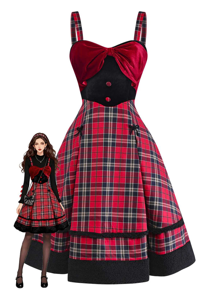 [Pre-Sale] Red 1950s Slip Plaid Velvet Bow Dress