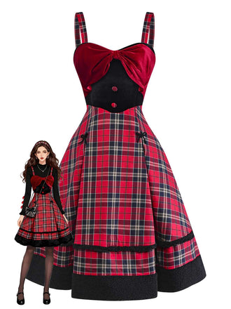 [Pre-Sale] Red 1950s Slip Plaid Velvet Bow Dress