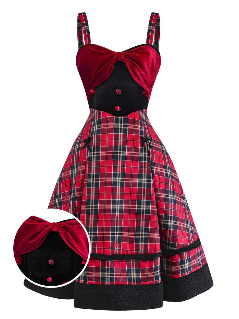 [Pre-Sale] Red 1950s Slip Plaid Velvet Bow Dress