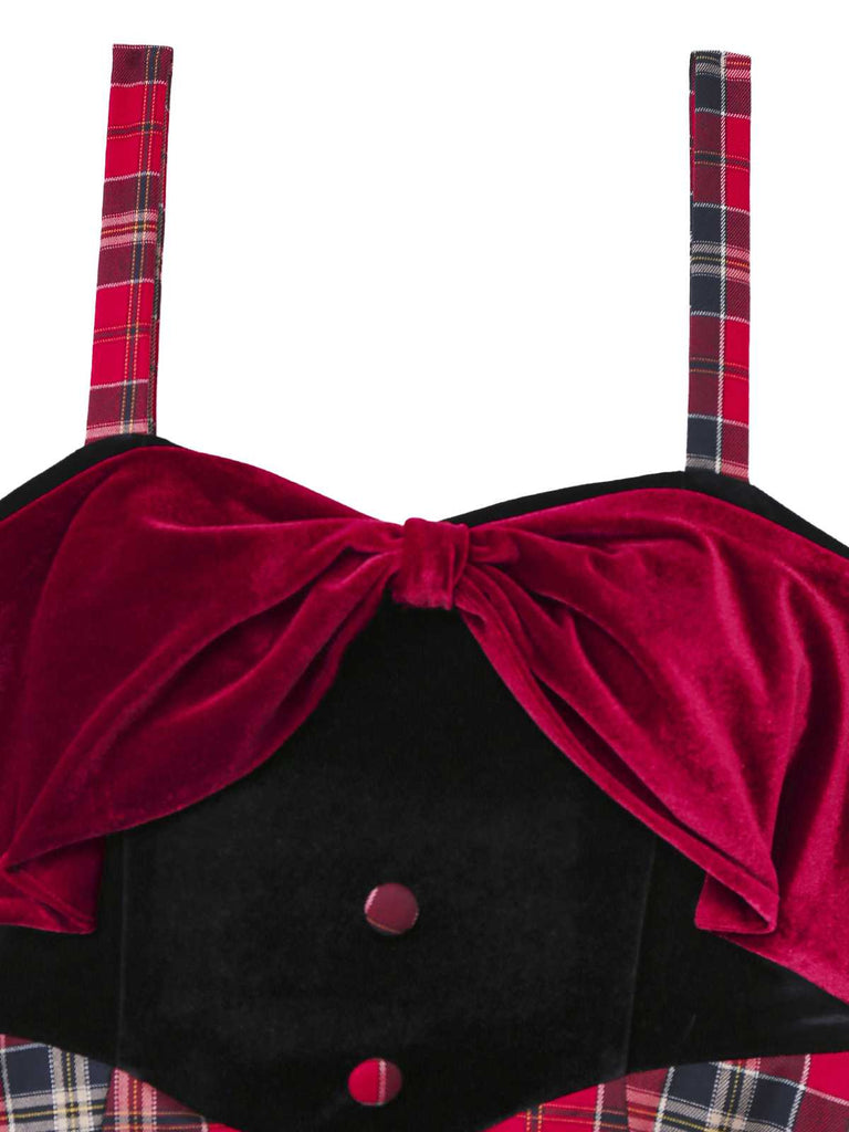 [Pre-Sale] Red 1950s Slip Plaid Velvet Bow Dress