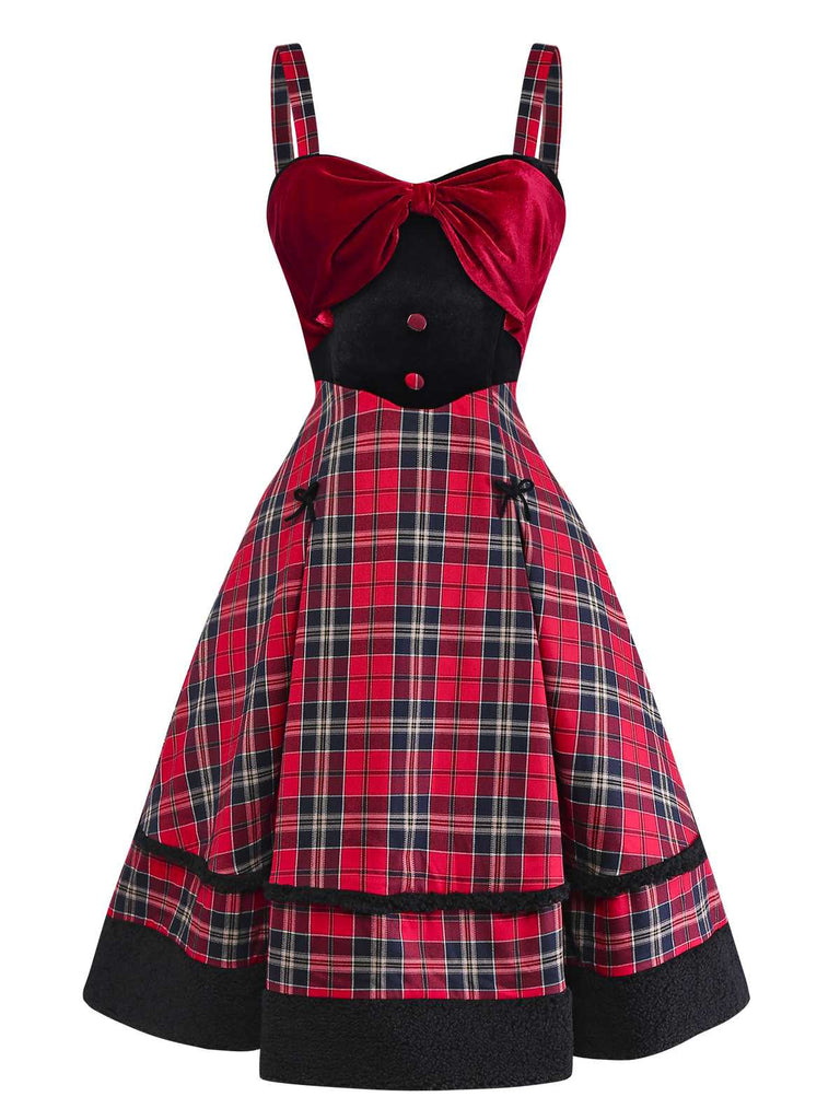 [Pre-Sale] 2PCS 1950s Velvet Bow Turtleneck Knitted Top & Plaid Dress