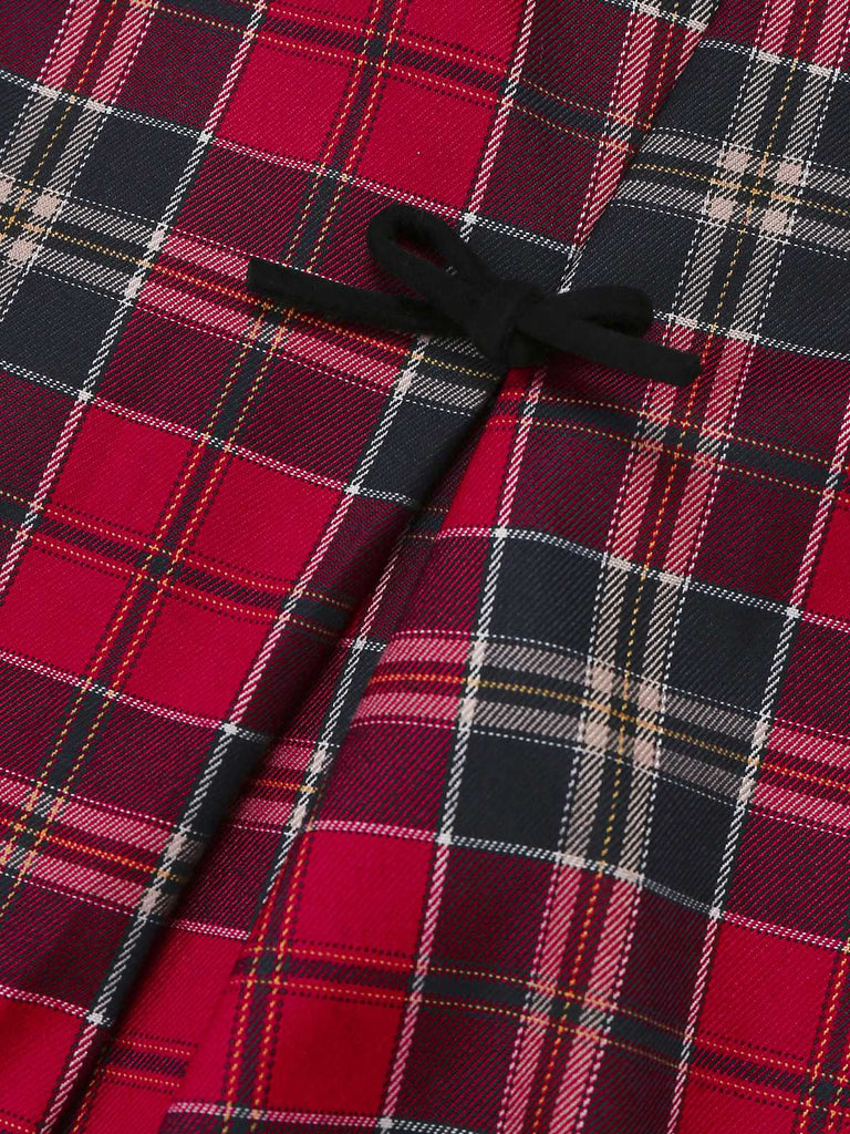 [Pre-Sale] 2PCS 1950s Velvet Bow Turtleneck Knitted Top & Plaid Dress