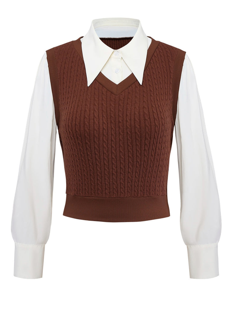 [Pre-Sale] Brown 1940s Knitted Vest Faux-2PCS Blouse