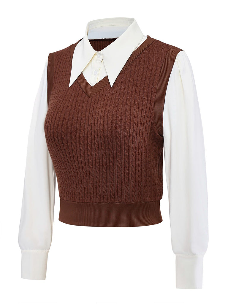 [Pre-Sale] 2PCS Brown 1940s Knitted Faux-2PCS Blouse & Plaid Skirt