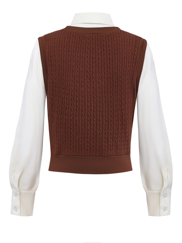 [Pre-Sale] 2PCS Brown 1940s Knitted Faux-2PCS Blouse & Plaid Skirt