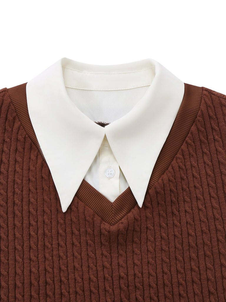 [Pre-Sale] 2PCS Brown 1940s Knitted Faux-2PCS Blouse & Plaid Skirt