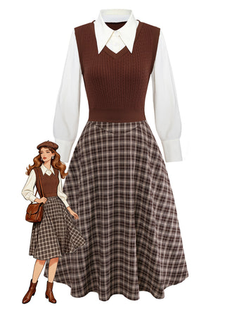 [Pre-Sale] 2PCS Brown 1940s Knitted Faux-2PCS Blouse & Plaid Skirt