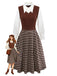 2PCS Brown 1940s Knitted Faux-2PCS Blouse & Plaid Skirt