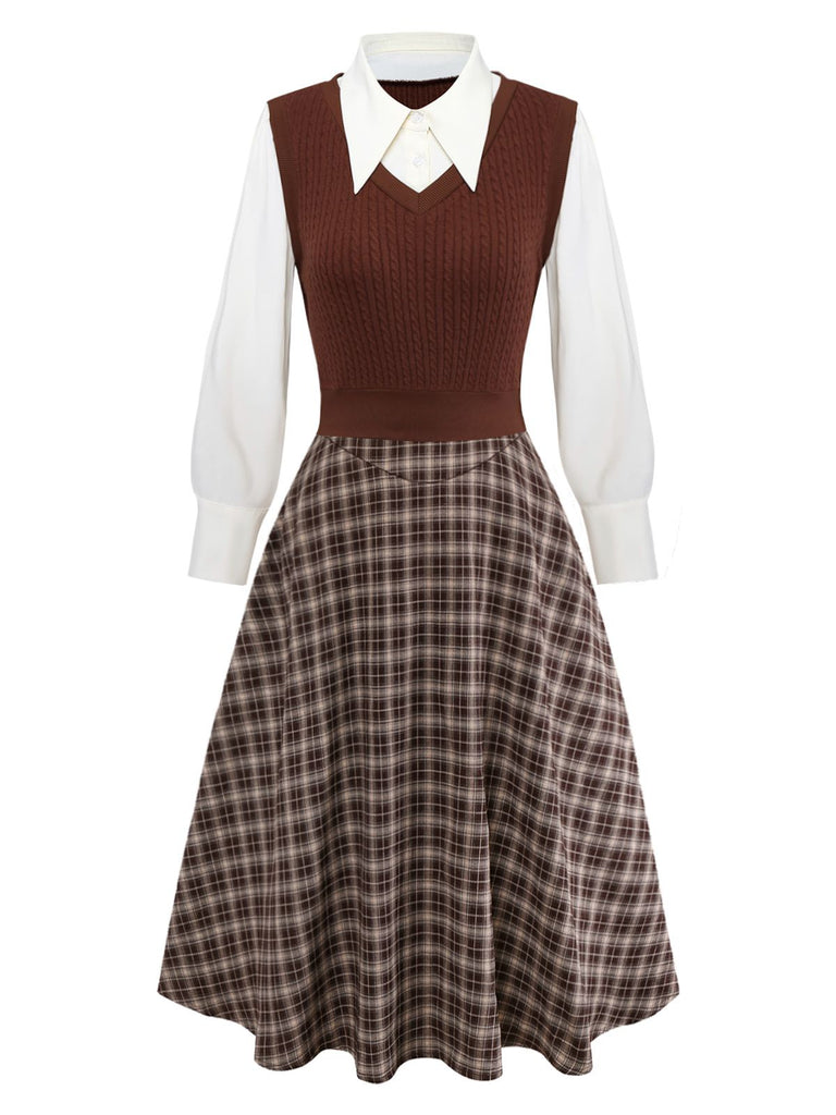 [Pre-Sale] 2PCS Brown 1940s Knitted Faux-2PCS Blouse & Plaid Skirt