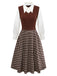 [Pre-Sale] 2PCS Brown 1940s Knitted Faux-2PCS Blouse & Plaid Skirt