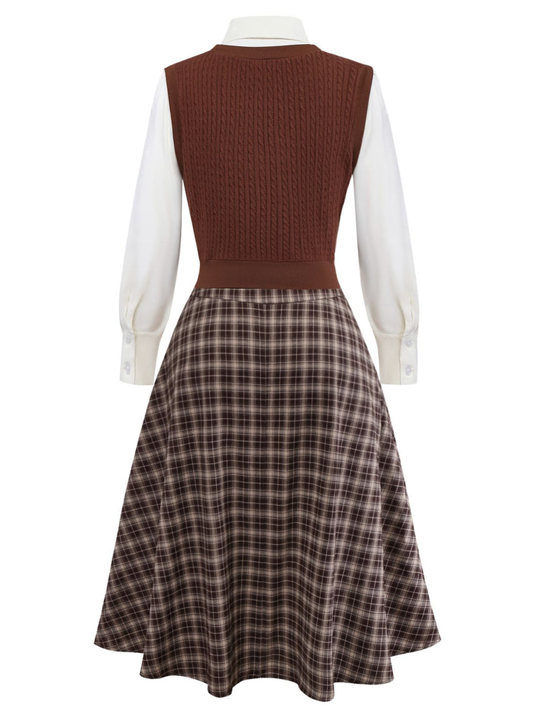[Pre-Sale] 2PCS Brown 1940s Knitted Faux-2PCS Blouse & Plaid Skirt