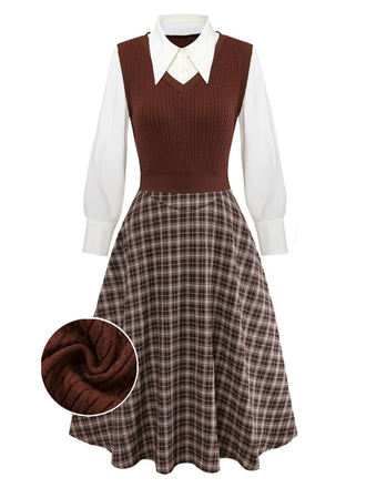 [Pre-Sale] 2PCS Brown 1940s Knitted Faux-2PCS Blouse & Plaid Skirt