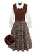 [Pre-Sale] 2PCS Brown 1940s Knitted Faux-2PCS Blouse & Plaid Skirt