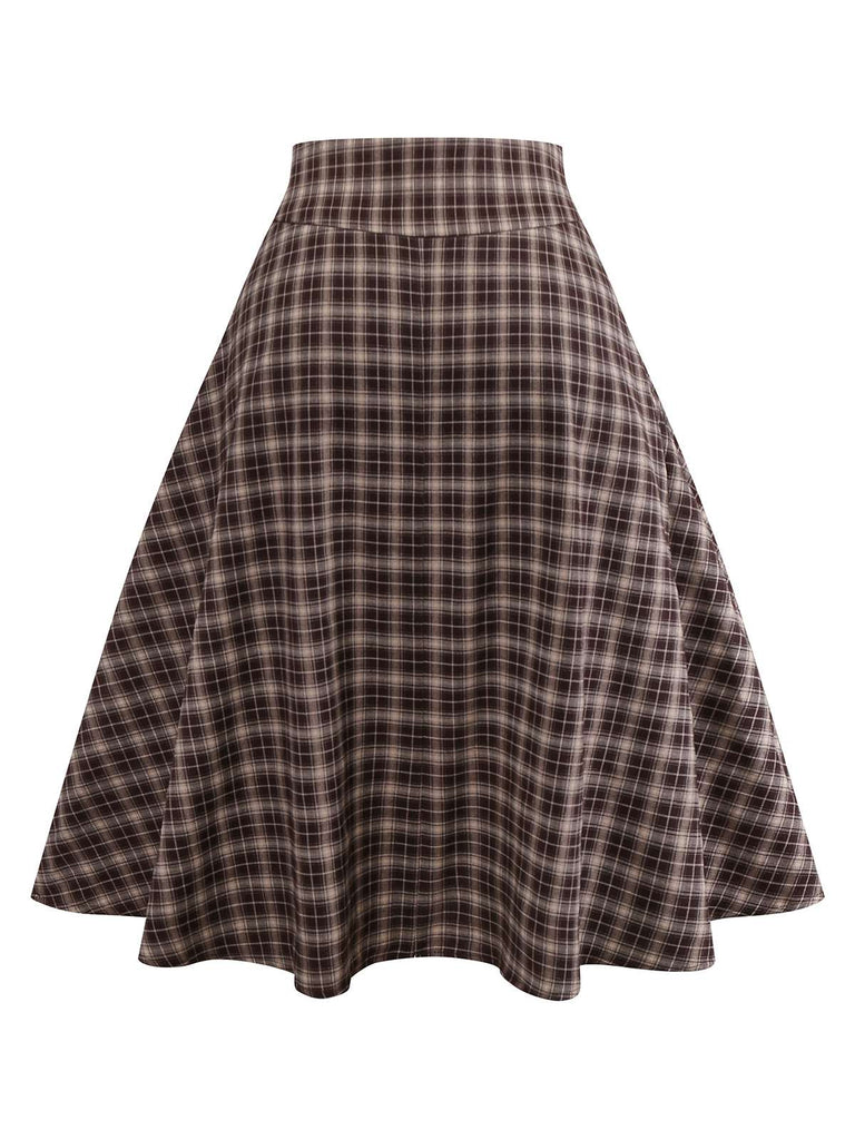 [Pre-Sale] 2PCS Brown 1940s Knitted Faux-2PCS Blouse & Plaid Skirt